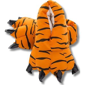 BoefieBoef Dinopoten Tijger – Dierensloffen - Warme Pantoffels met Antislip Zool (Maat 23-30) - Peuter & Kleuter Sloffen voor Kinderen 2-6 Jaar – Klauwpoten – Flanel & Katoen – Gripzool – Jongens & Meisjes – Verjaardagscadeau - oranje