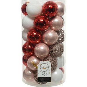 Decoris kerstballen - 37x st - lichtroze/rood/wit - 6 cm - kunststof - kerstversiering