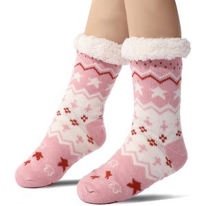 Vloer sokken - Warme Wintersokken - Sokken voor Binnen - Pantoffels voor bij de open haard - Warme Antislip Huissokken Volwassenen - Antislip Slippersokken voor- Dikke Pluche Sokken - Tapijtsokken - Thuis Sokken-Sterren roze-