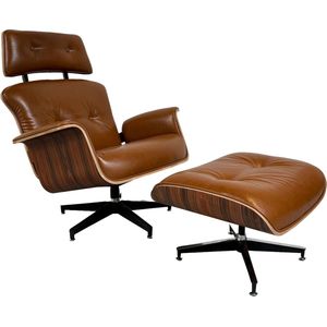 Lounge Chair + Hocker - Fauteuil - Stoel - Leer - Relax - Cognac bruin