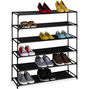 Relaxdays schoenenrek - metaal en stof - zwart opbergrek schoenen - hal - schoenenmeubel - 6 etages