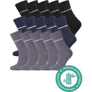 SQQUADD® Bamboe Sokken Dames en Heren - Classic 15-pack - Maat 43-46 - Naadloos en Duurzaam - Tegen Zweetvoeten - Bamboo - Zwart - Donkerblauw - Grijs