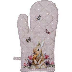 Clayre & Eef Ovenwant 18x30 cm Beige Roze Katoen Konijn Bloemen Ovenhandschoen