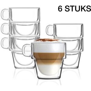 Dubbelwandige Theeglazen met Oor/Handvat – Dubbelwandig Theeglas 350ml – Thermische Glazen – Koffieglazen – Glazen voor Thee, Koffie en Cappuccino – Set van 6-Stapelbaar