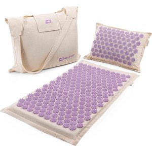 Hop-Sport 3-in-1 spijkermatten acupressuurset: acupressuurmat & kussen incl. tas - massagemat 100% kokosvezels, hoes van katoen en linnen, Paars