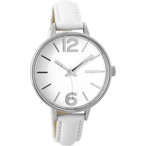 OOZOO Timepieces - Zilverkleurige horloge met witte leren band - C9480