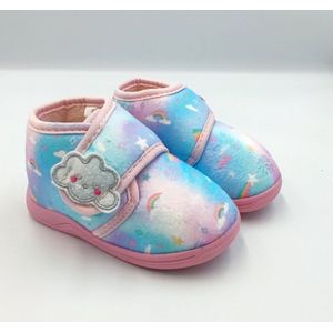 Meisjes baby / peuter / kleuter wolken pantoffels – donker blauw met leuke fantasie van wolkjes en regenbogen – sterke antislip – velcro / klittenband sluiting - maat 20