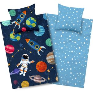 beddengoed 135 x 200 cm heelal motief kinderbeddengoed-omkeerbare set jongens raket katoen ruimte motief met astronaut YKK ritssluiting blauw