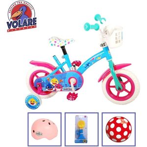 Volare Kinderfiets Baby Shark - 10 inch - Roze/Blauw - Doortrapper - Met fietshelm & accessoires