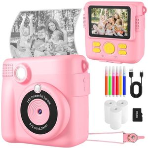 digitale camera - fotocamera - fotocamera kinderen - instant fotocamera voor kinderen - 24 MP - 1080P HD - met 32 GB kaart, 3 rollen fotopapier en 6 gekleurde pennen - 2,4 inch instant camera voor kinderen - speelgoedcadeau voor kinderen - roze