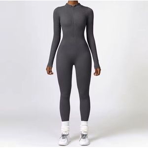 RIBBY ZIP LS JUMPSUIT - Maat L - Grijs - Grey - Donkergrijs - Longsleeve - Jumpsuit - Gym wear - Gymkleding - Sportkleding - Yogakleding