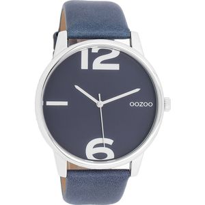 OOZOO Timepieces - Zilverkleurige horloge met avond blauwe leren band - C10372