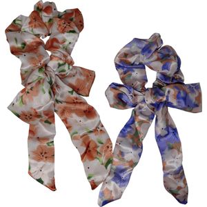 Jessidress Elastieken Elegante Haarsjaal met bloemen print Scrunchies - Paars/Oranje