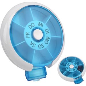 7 dagen ronde pillendoos, draagbaar, roterende tablettenbox, kleine tablettendispenser, tabletten, weekbox, 7 vakken, pillendoos, tablettendoos voor thuis, kantoor, reizen (blauw)