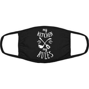 My kitchen, my rules mondkapje | keuken | koken | restaurant | grappig | gezichtsmasker | bescherming | bedrukt | logo | Zwart mondmasker van katoen, uitwasbaar & herbruikbaar. Geschikt voor OV