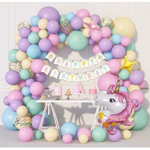 Loha-party® Unicorn Thema Versiering ballonen-Eenhoorn Folie Ballon Verjaardag Versiering-Unicorn Ballon Decoratie Feest Versiering-Macaron Ballonboog-Happy birthday-Folie ballonnen