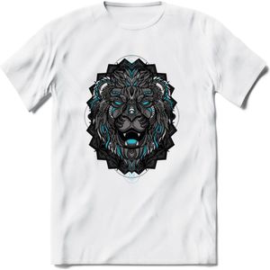 Leeuw - Dieren Mandala T-Shirt | Lichtblauw | Grappig Verjaardag Zentangle Dierenkop Cadeau Shirt | Dames - Heren - Unisex | Wildlife Tshirt Kleding Kado | - Wit - L