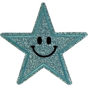 Smiley Ster Strijk Embleem Patch Glitter Licht Blauw 9 cm / 9 cm / Licht Blauw Zwart