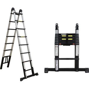 MARK TOOLS PRO - Telescopische Vouwladder 3,10 meter – werkhoogte A-stand: 3,80 meter - Met Stabilisatievoet - Telescopische - Soft closing - MET GRATIS TAS