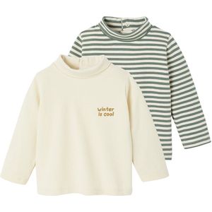 Vertbaudet - Set van 2 Onderhemdjes - Effen met Gouden Motief en Gestreept - Lange Mouwen