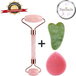 Demiracle Rose Quartz Face Roller met Gua Sha Schraper en Roze Siliconen Gezichtsborstel - Gezichtsroller - Massage Roller - Jade Roller - Rimpelverwijdering - Ontspanning