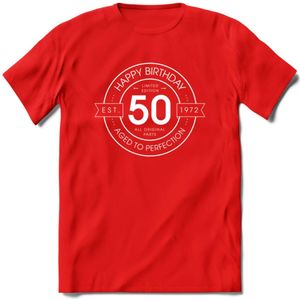 50th Happy Birthday T-shirt | Vintage 1972 Aged to Perfection | 50 jaar Abraham en Sarah verjaardag cadeau | Grappig feest shirt Heren – Dames – Unisex kleding | - Rood - M