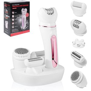 Elektrische epilator - 5 in 1 Ladyshaves voor Vrouwen - nat en droog - met exfoliërende en reinigende borstel - roze - geschikt voor benen, lichaam, oksels, bikini
