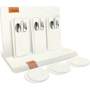 Vilten placemats set van 18, wasbare placemats (44 x 32 cm), 6 vilten onderzetters, 6 besteksets, tafelonderzetterset, placemats, borden, beige