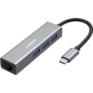 A-konic USB-C naar Ethernet Adapter - RJ45 Lan Netwerk + 3 USB 3.0 poorten - Space Gray
