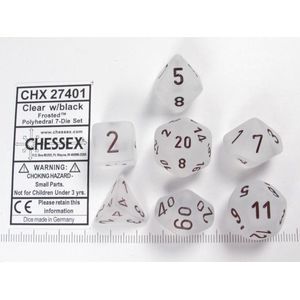 Chessex dobbelstenen set, 7 polydice, Frosted clear w/black