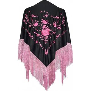 Spaanse manton  - omslagdoek - zwart licht roze bij verkleedkleding of flamenco jurk