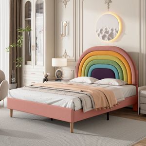 Gestoffeerd bed 140*200, met lattenbodem en hoofdbord, jeugdbed, voor volwassenen & tieners, houten lattenbodem, eenvoudige montage, in hoogte verstelbaar hoofdbord, fluweel, roze