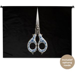 Wandkleed 120x90 cm - Wanddoek Schaar - Delfts blauw - Zwart - Wandtapijt - Wandkleden