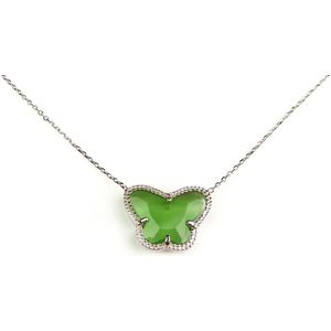 korte zilveren halsketting halssnoer collier gerhodineerd Model Vlinder met groene steen
