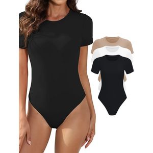 Livano Bodysuit Dames - Jumpsuit - Corrigerend Ondergoed - Body plunge - Lingerie - Setje Vrouwen - 3 Pcs - Zwart/Wit/Abrikoos - Maat S