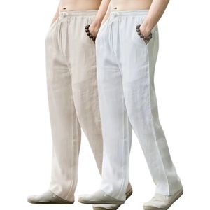 Bovista Linnen Broek Heren - Zomerbroek - Volwassenen - Lange Broek - Pantalon - Strandbroek - Zomer - Ibiza Stijl - 2 Stuks Beige & Wit - Maat S