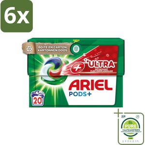 Ariel +Ultra - Vlekverwijderaar & Wasmiddelcapsules - Pods+ - Witte en Gekleurde Was - 20 Wasbeurten - Voordeelverpakking - 6 stuks - Ariel Pods+ - Wasmiddelcapsules