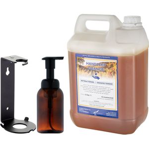 Zeepdispenser 300 ml amber bruin hervulbaar + 5 liter Handzeep Orange navulling (inclusief beugel)