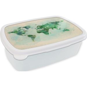 Broodtrommel Wit - Lunchbox - Brooddoos - Wereldkaart - Waterverf - Groen - 18x12x6 cm - Volwassenen