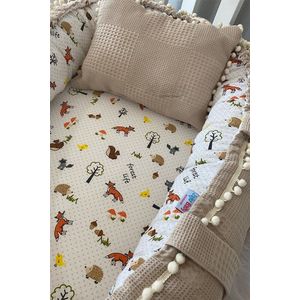 Babynestje en Hoofdkussen - Organische Katoen - Antibacterieel Babynestje - Anti-Allergisch Babynestje - Lichtbruin en Vos Patroon - 74 x 40 cm