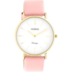 OOZOO Vintage series - Gouden horloge met roze leren band - C20254