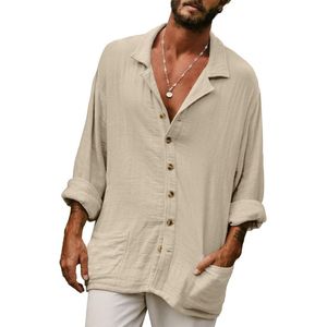 Casual Katoen Linnen Shirt voor Heren - Effen Kleur Lange Mouwen Hawaiiaans Zomer Strand Shirt