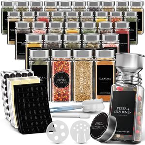 Soothe 36 Glazen Kruidenpotjes Vierkant met RVS Deksel – 2 Soorten Strooideksels – Kruidenstrooier – Spice Jars – Complete Set incl Kruiden Stickers, Krijtstift en Accessoires – 120ml