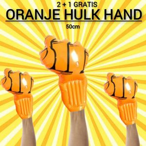 2 + 1 GRATIS Opblaasbare Oranje Hulk Hand 50cm- Limited Edition - Koningsdag - Voetbal / Football - Nederlands elftal - Fan Artikel Item - Versiering - Festival - Formule 1 - Vrijgezellenfeest - Kroon / Crown - Party - Orange - Verstappen