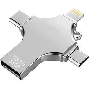 4 in 1 USB-Stick 64GB - USB-C & USB-A & Lightning & Micro USB - USB 3.0 - Flash Drive - Universeel - voor Smartphones, Tablets, Laptops etc. - ALL PORT - Premium Aluminium