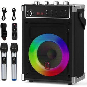 Karaokemachine Met 2 UHF Draadloze Microfoons - Bas/Treble Bluetooth Luidspreker Met LED Licht, Ondersteuning Voor TWS, AUX In, FM, REC - Geschikt Voor Feest, Volwassenen En Kinderen (Zwart)