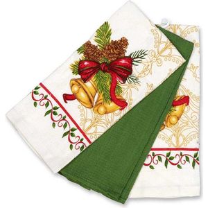 Unique Living | Handdoekset - kerst 2017 - dessin 1 - Wit - Groen - Kerstbellen