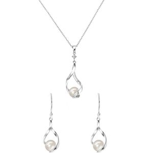 Lucardi Dames Zilveren set ketting&oorbellen met zoetwaterparel - Cadeau Set - 925 Zilver - Zilverkleurig