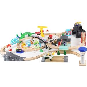 Bandits & Angels Houten Treinset Transport Thema 100 delig vanaf 3 jaar voor Jongens en Meisjes - Trein Set van Hout inclusief Accessoires - 100 delen - Houten Treinbaan met Trein, Hijskraan, Vliegtuig, Helikopter