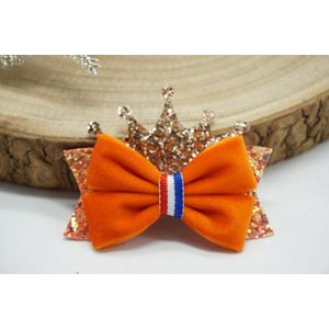 Haarstrik Koningsdag - Satijn Vinyl - Glitter - Oranje - Kroontje - clip - Bows and Flowers